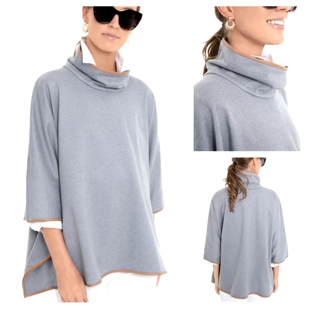 TUCKERNUCK Womens Slate Blue Leather Trim Funnel Neck Piper Poncho Gray One Size